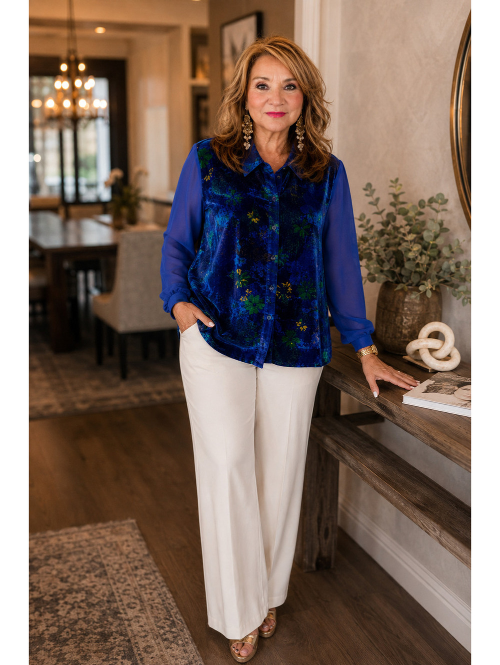 Tahari Blue Floral Velvet Button Blouse
